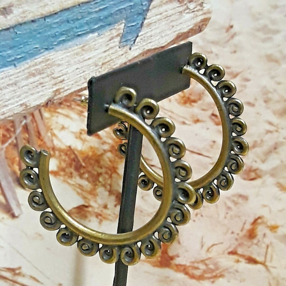 Statement Antique Gold Tone Scroll Design Hoop Earrings