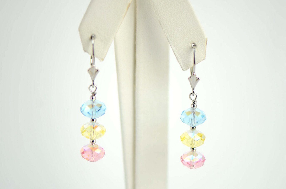 Three Color Crystal Dangle Drop earrings Sterling Silver 925