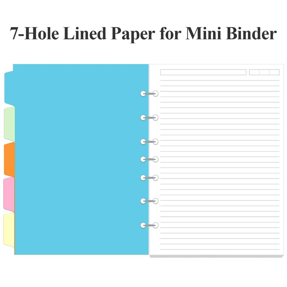 7-Hole Lined Paper Refills for Mini Binder - 100 Sheets/200 Pages 7 White