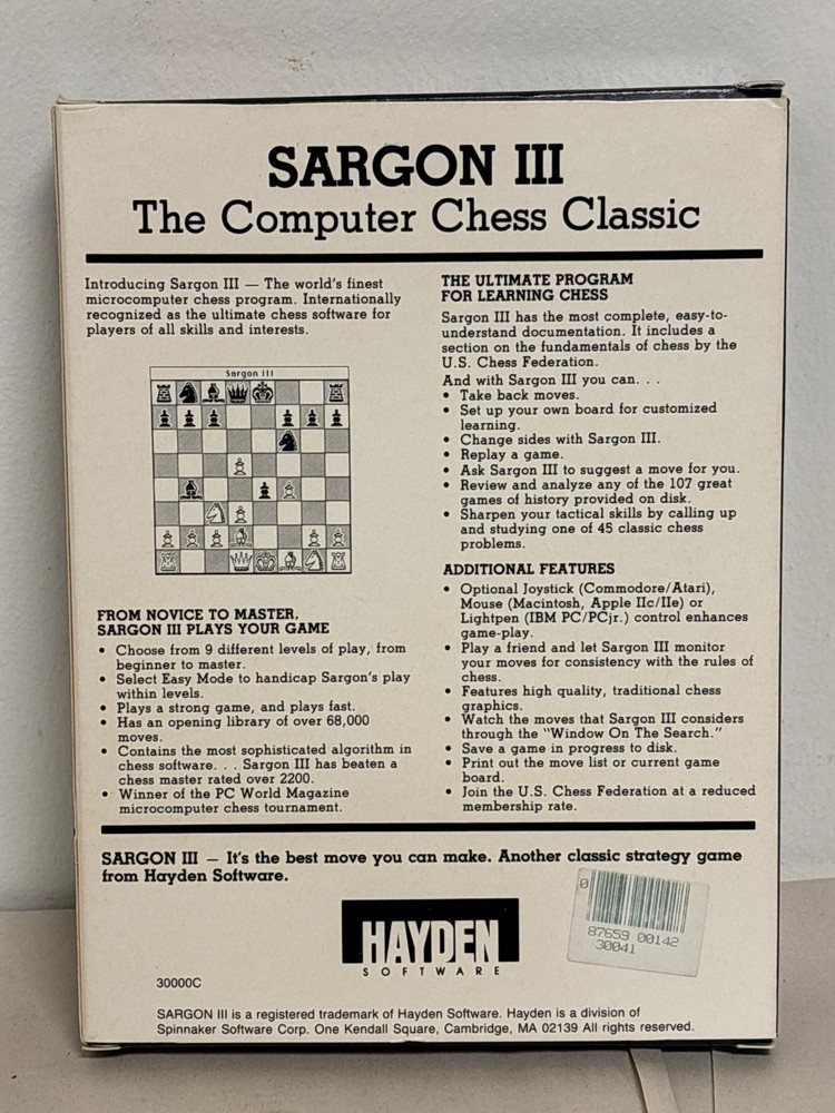 Sargon 3 III Computer Chess Software - Apple & IBM PC 5.25" Floppy Disk