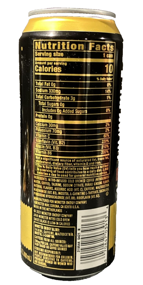 JAVA MONSTER NITRO COLD BREW SWEET BLACK COFFEE /ENERGY DRINK ZERO SUGAR 13.5 OZ