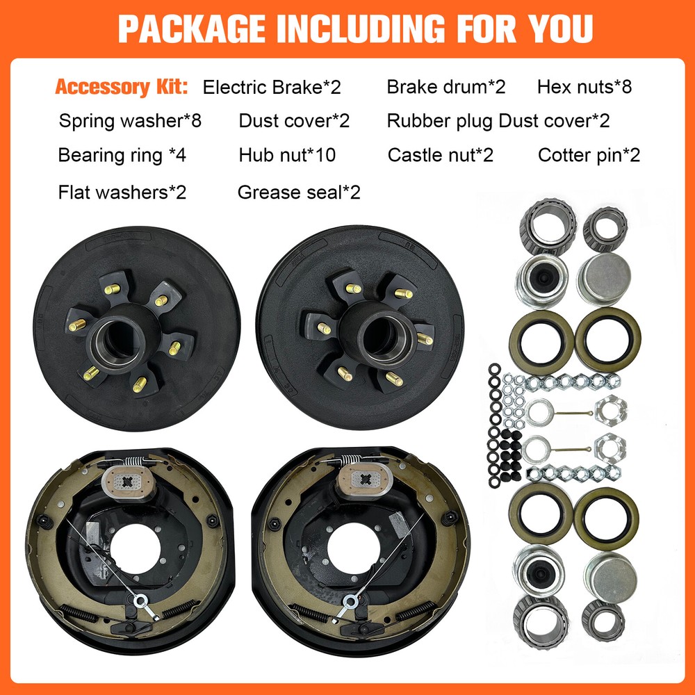12"x2"Electric Trailer Self Adjusting Brake 6-5.5" Hub Drum Kit For 5200 lb