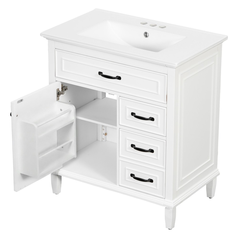 30" White Bathroom Vanity with Ceramic Sink and Solid Wood Cabinet