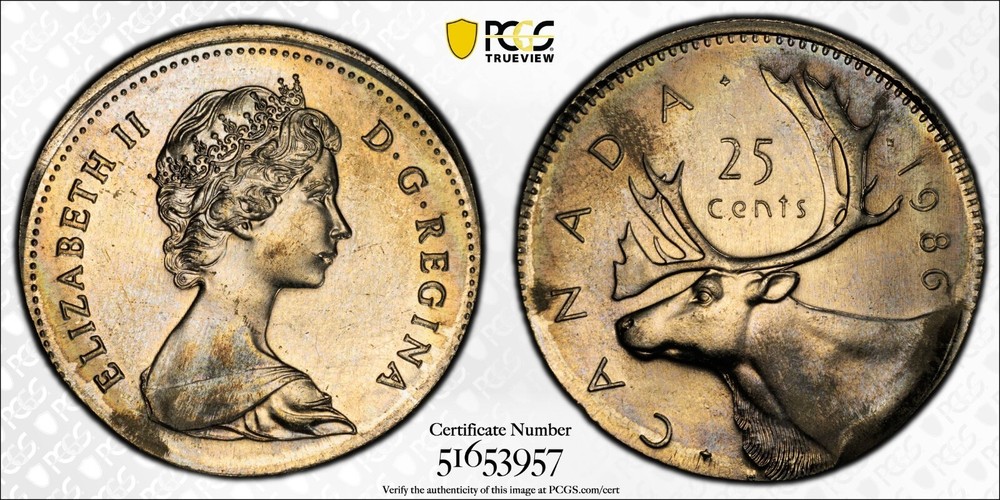 1986 Canada 25 Cent MINT ERROR, Struck on 5 Cent Planchet - PCGS MS 64