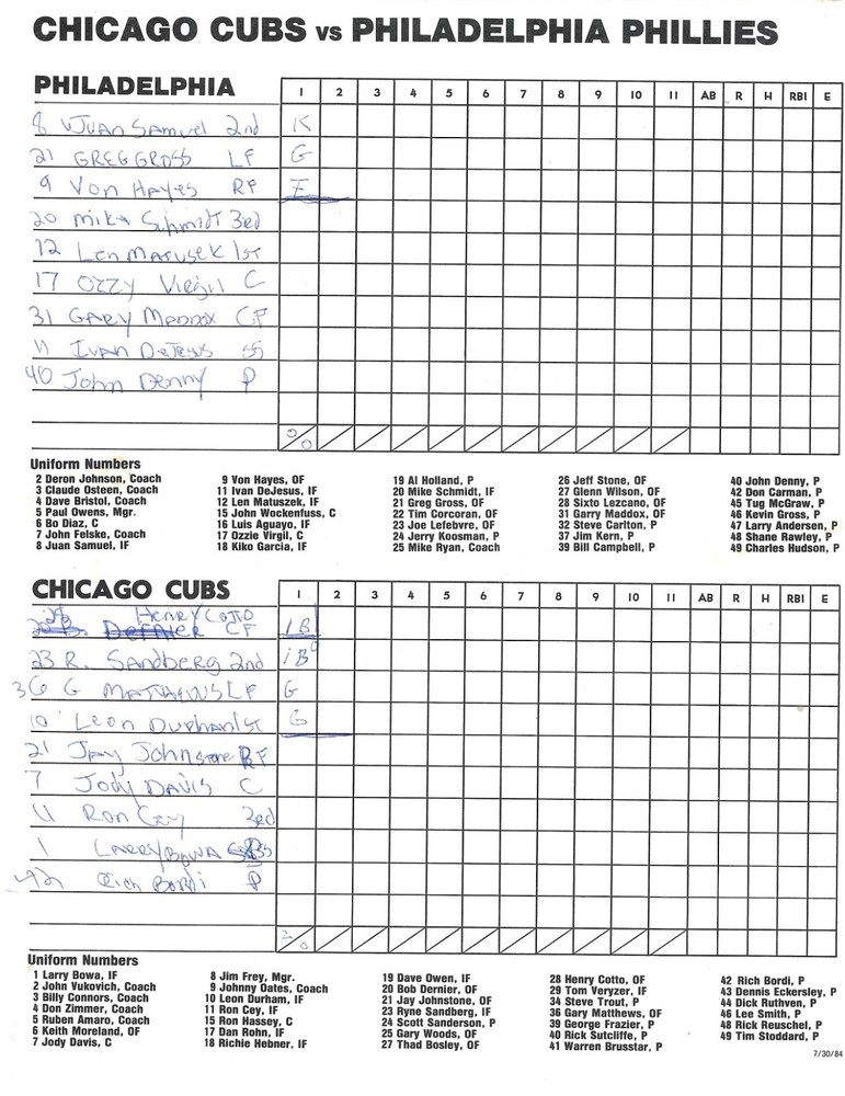 1984 Chicago Cubs Program & Scorecard - Versus Phillies - Scored