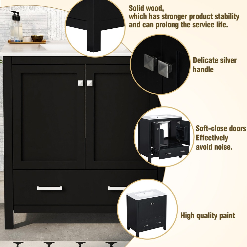60" Black Bathroom Vanity Set with Double Vanities , Double Ceramic Sinks, Sto