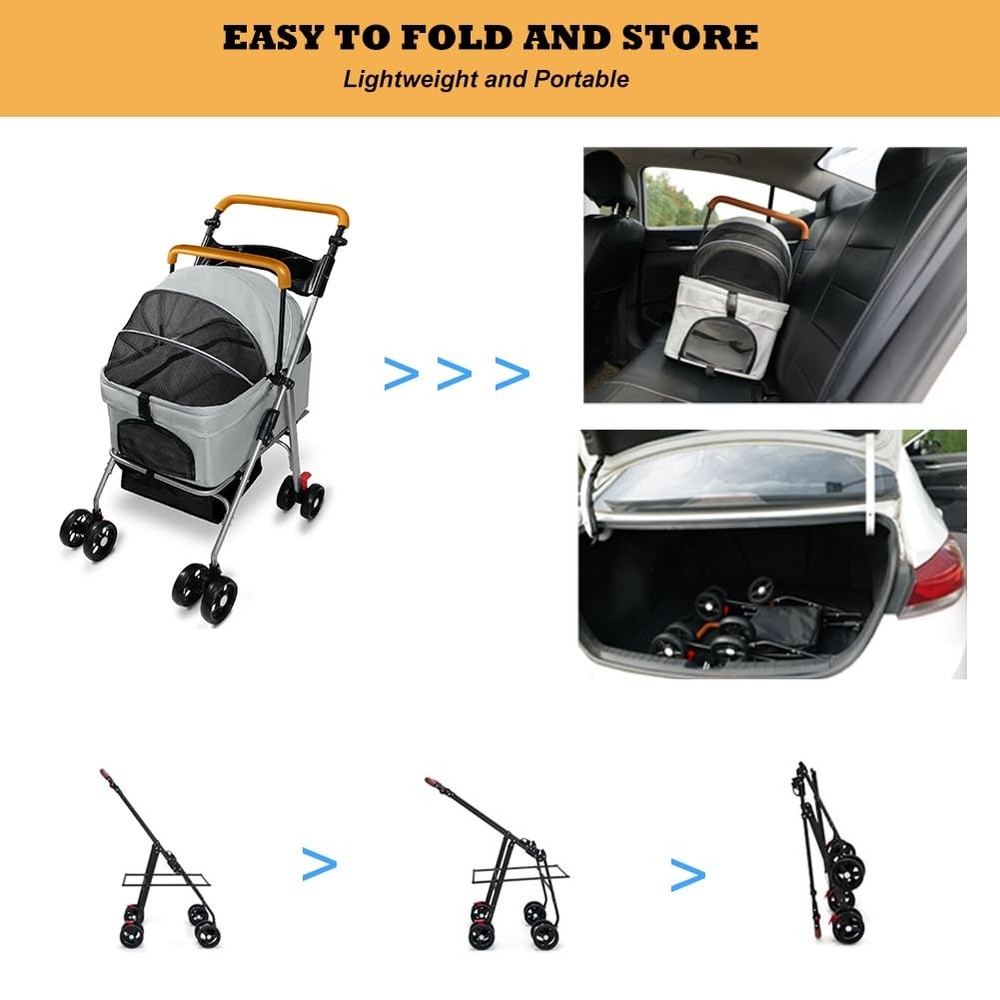 Pet Stroller with Storage Basket and Cup Holder, Folding Dog Jogger, Foldable...