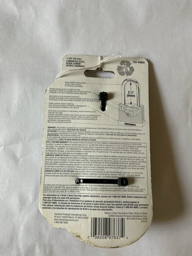 Brinks High Security Padlock with Keys – Hardened Shackle – New in Package