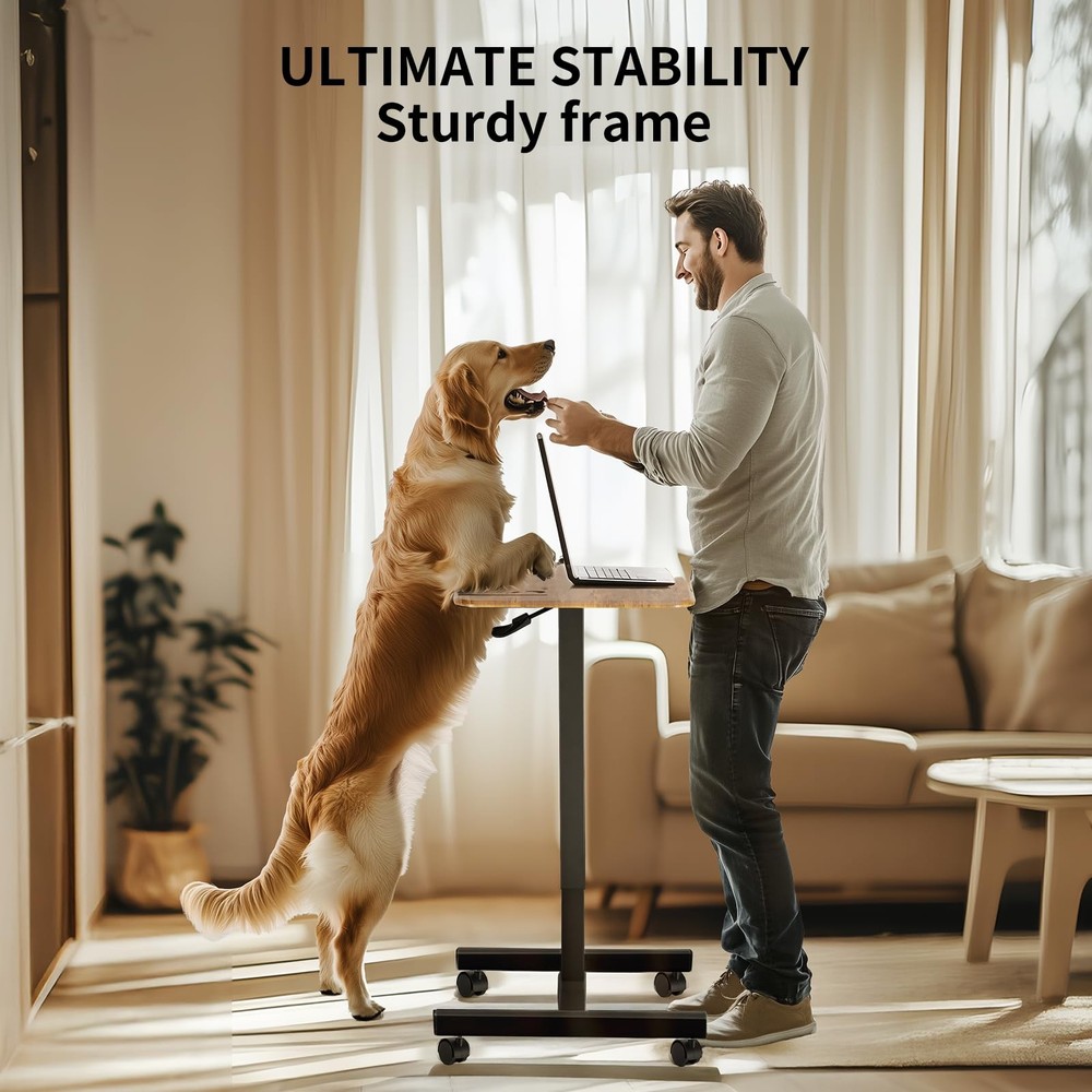 Adjustable Rolling Desk Stand, Lockable, Compact, Height-Modifiable (Brown)