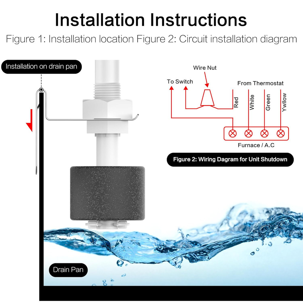 SS3 Float Switch Condensate Overflow Switch for HVAC AC Condensate Drain Pans