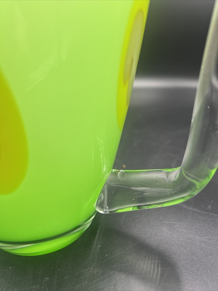 Art Glass Pitcher Hand Blown Lime Green with Applied Handle