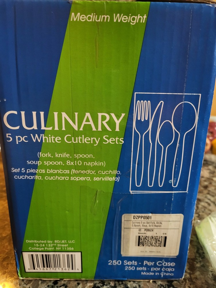 Culinary 5 piece White Cutlery Sets medium weight total 250 sets individually w