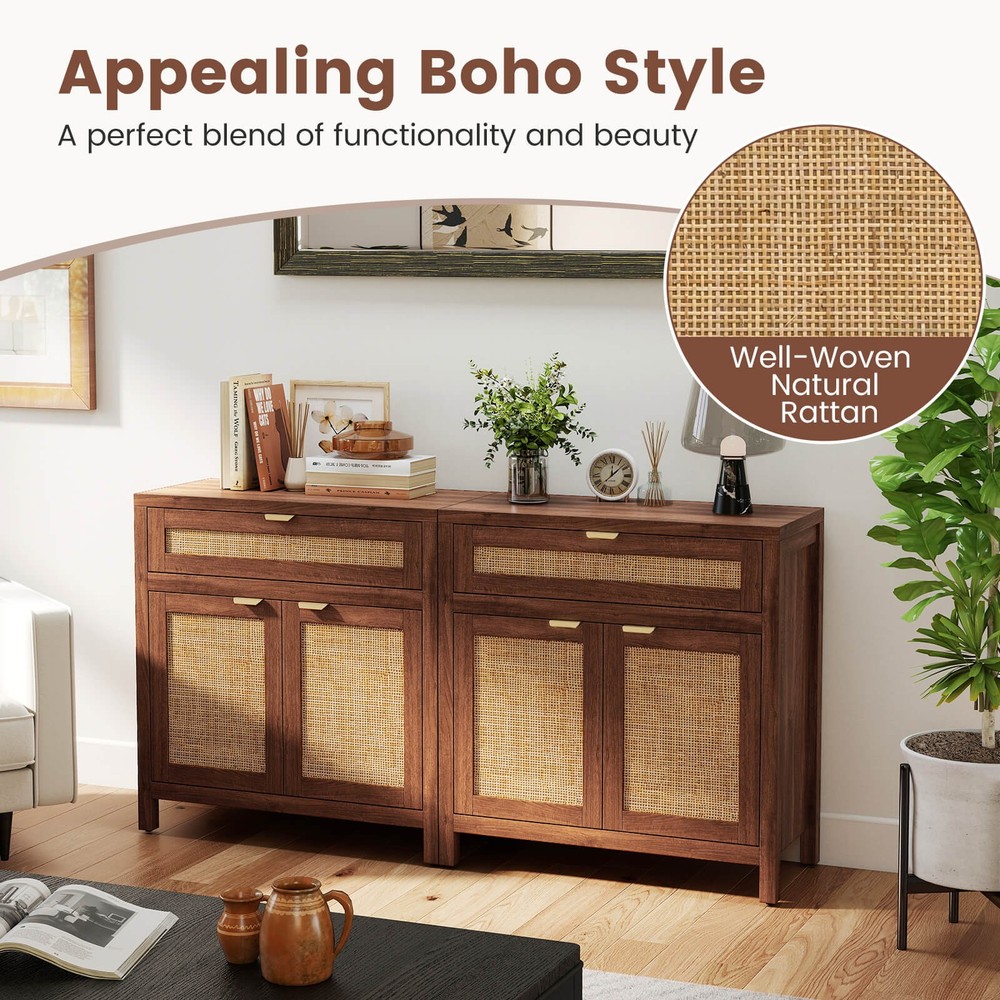 2 PCS Buffet Cabinet Sideboard Storage Cabinet Rattan Doors Adjustable Shelf