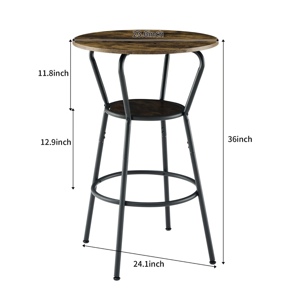 36" Round Bar Table & Upholstered Stool Set with Shelf, Rustic Brown