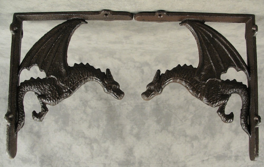2 GOTHIC DRAGON Cast Iron Shelf BRACKETS Architectural WALL CORNER BRACKETS