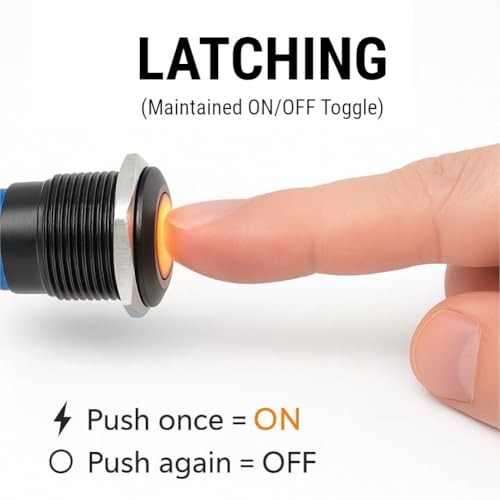 Black Aluminum Push Button Switch 22mm with Socket, 3A 12vDC Latching Blue