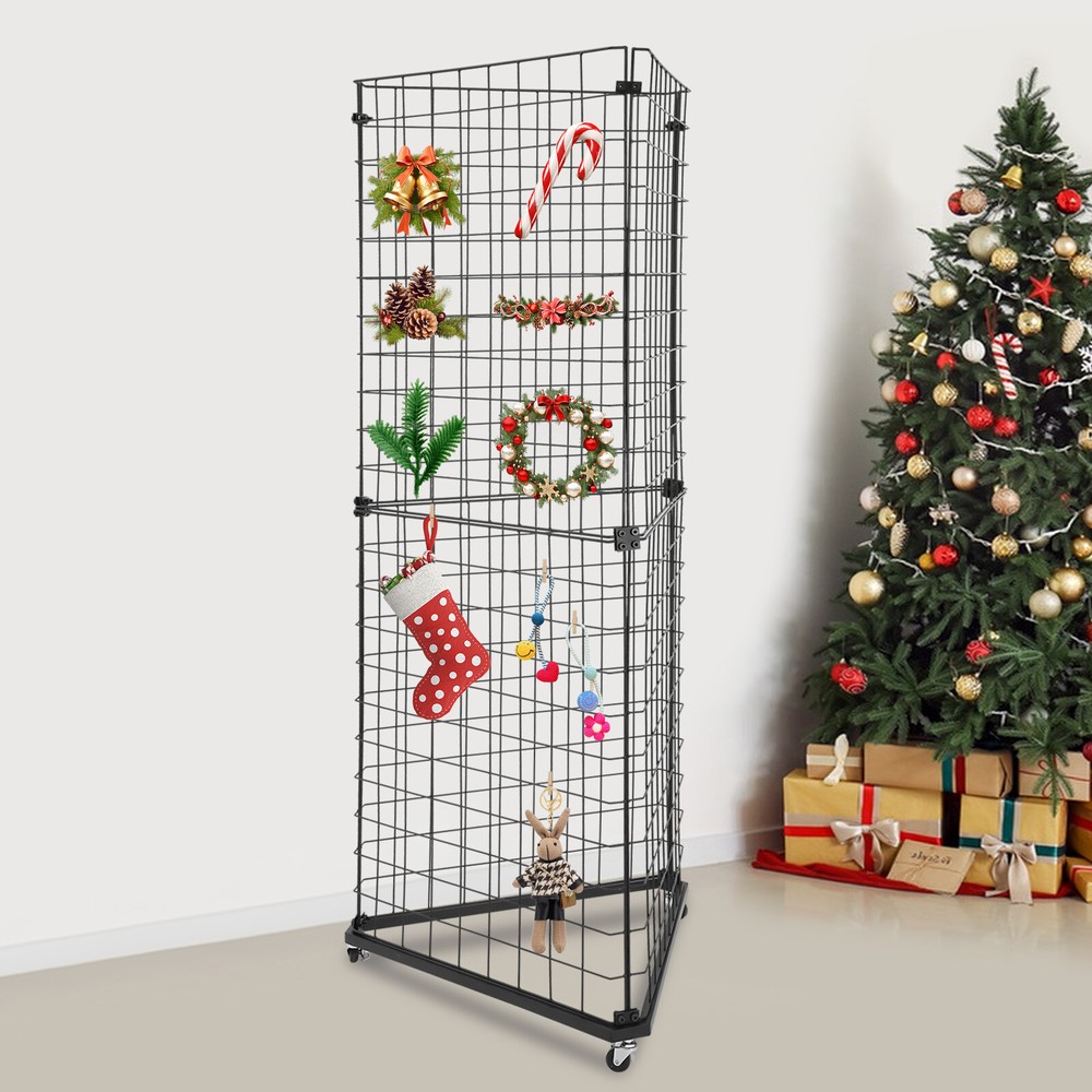 Triangle Display Stand Wire Grid Panel Tower Wall Corner Shelf Rack with Casters