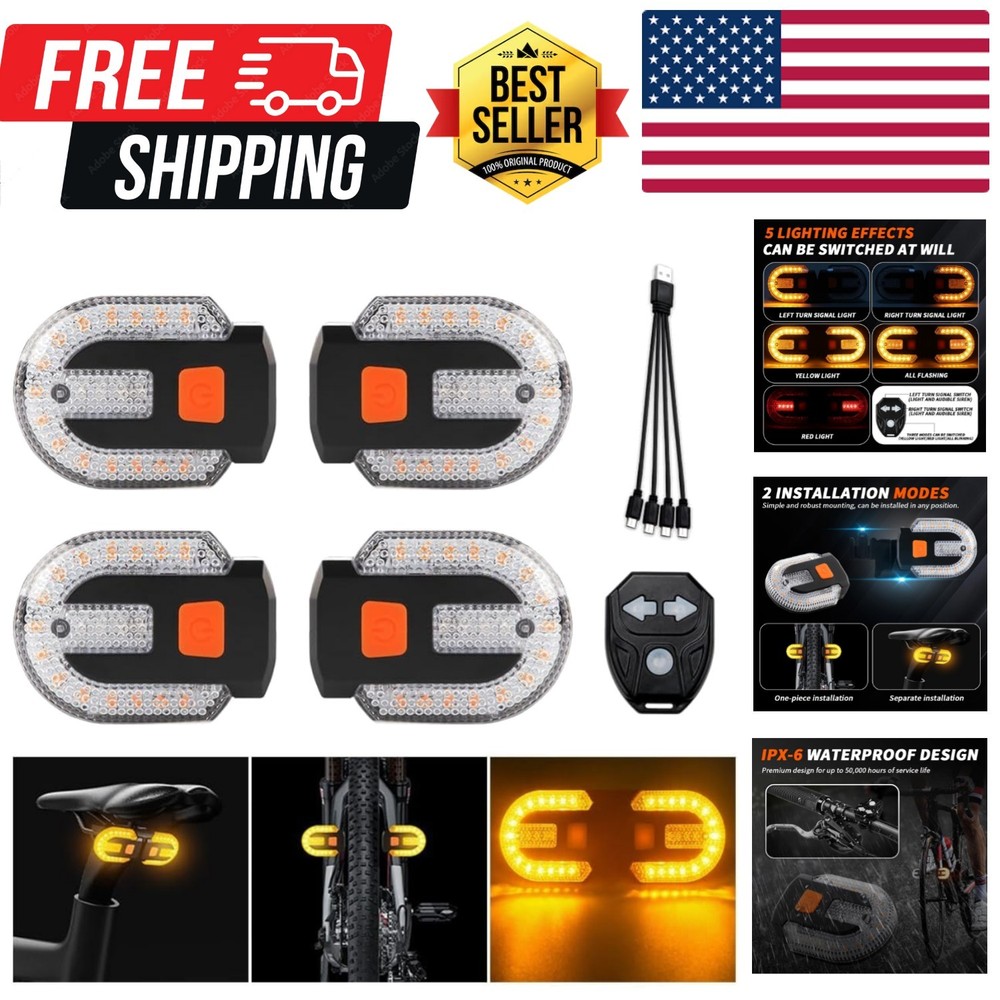 4Pcs Turn Signals for Bicycles with Alarm, USB Charging Remote Control Split/...
