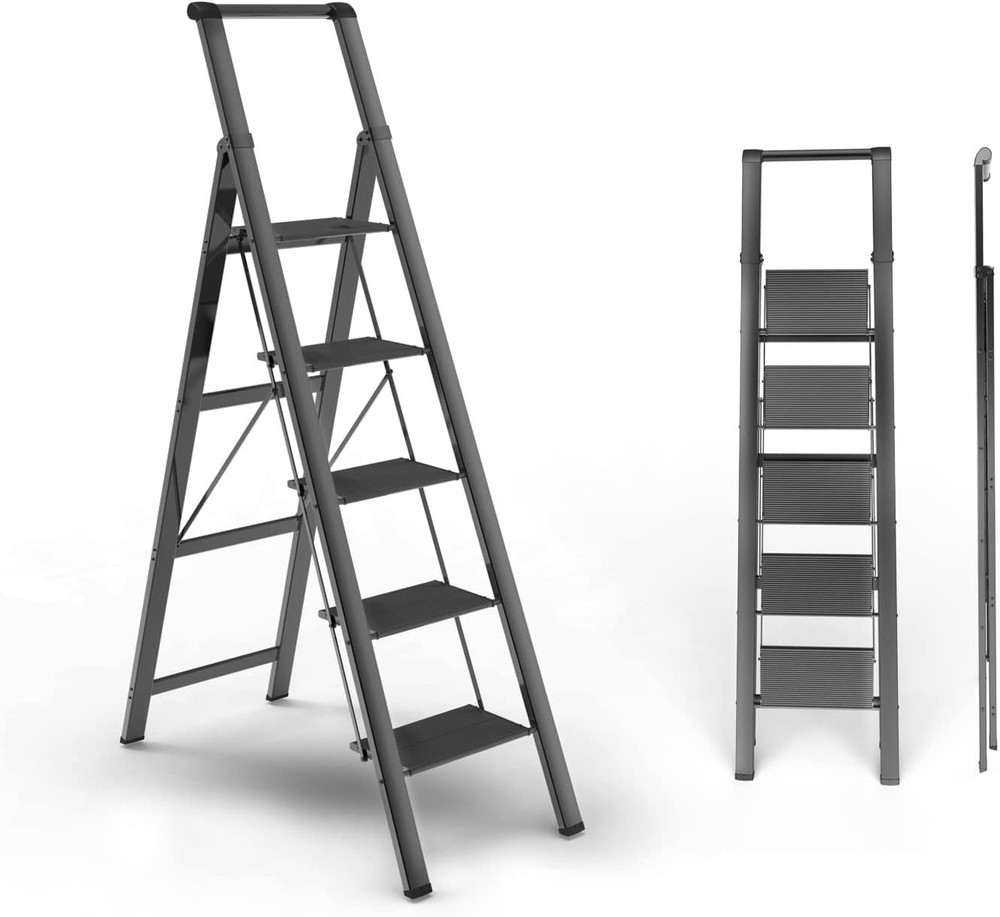 5 Step Ladder, Folding Stool, Portable Iron Foldable Black 5 step,