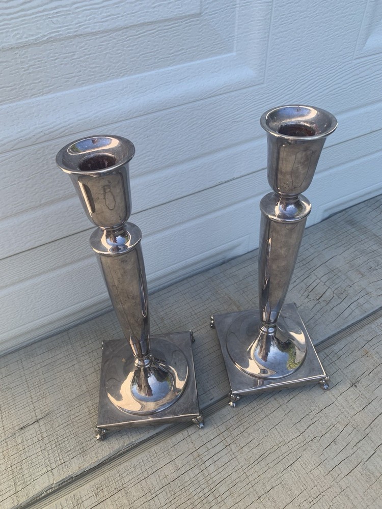 Crescent Silver Plated Candlesticks Pair 10.5”Art Deco Pew Footed Square Base