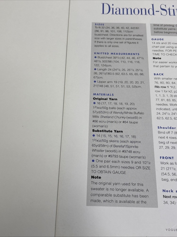 Diamond Stitch Pullover Adult Sizes Knitting Pattern Pages From Book