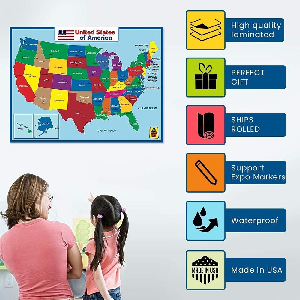 18"x24" Laminated USA Map Double Sided Educational Waterproof