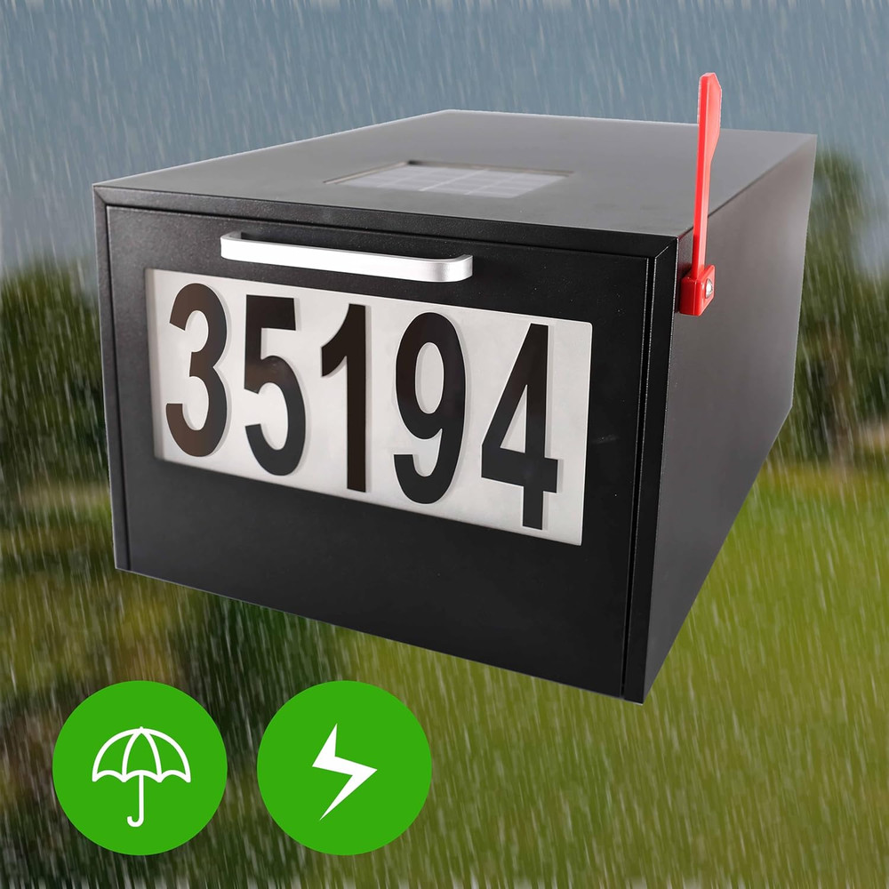 Large Capacity Black Solar Post Mount Mailbox with Night Illumination