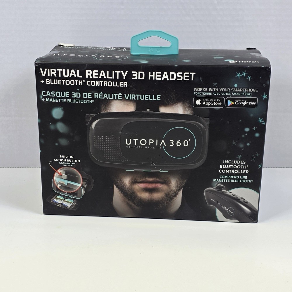 Utopia 360 Virtual Reality 3D Headset With Head Strap And Bluetooth Controller