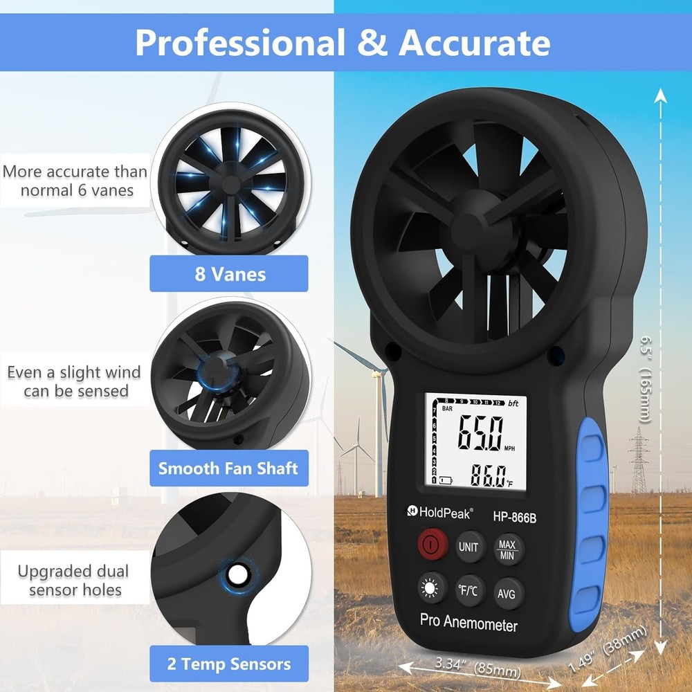 HoldPeak 866B Digital Anemometer,Handheld Wind Speed & Temp Meter with Backlight