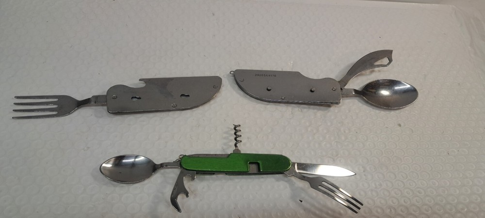 2x UNBRANDED MESS KIT MULTITOOL SPOON, KNIFE FORK BOTTLE OPENER