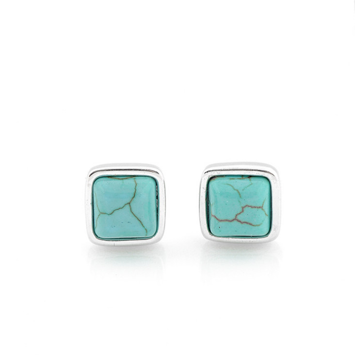 8mm Solid Sterling Silver Square Natural Turquoise Stud Earrings Gift Box PE21