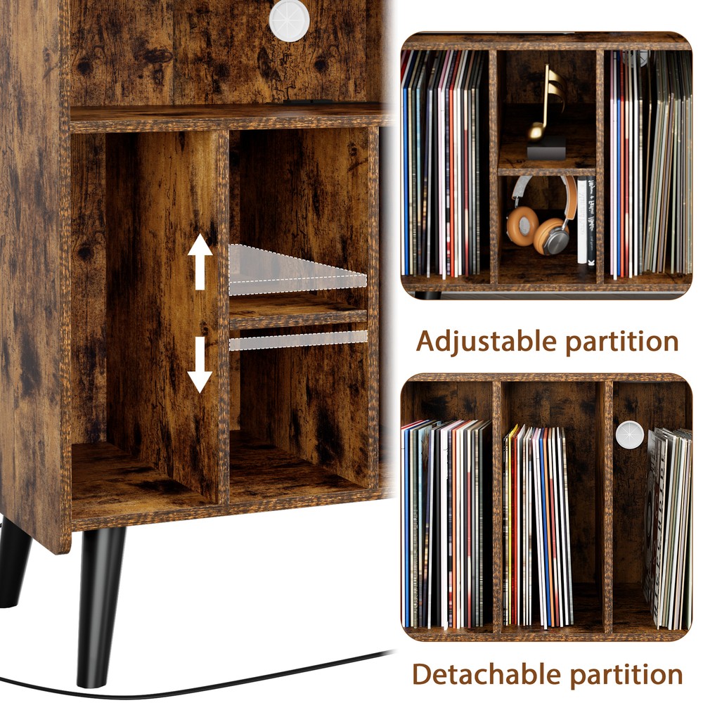 Large Record Player Stand Vinyl Record Storage Table Power Outlet Display Shelf