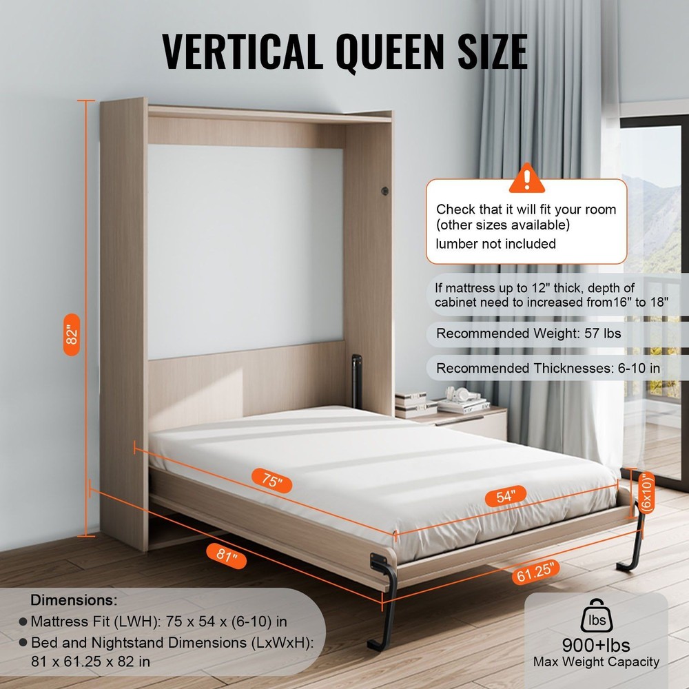 Full Size Vertical Murphy Bed Kit 333lb Capacity & Adjustable Design