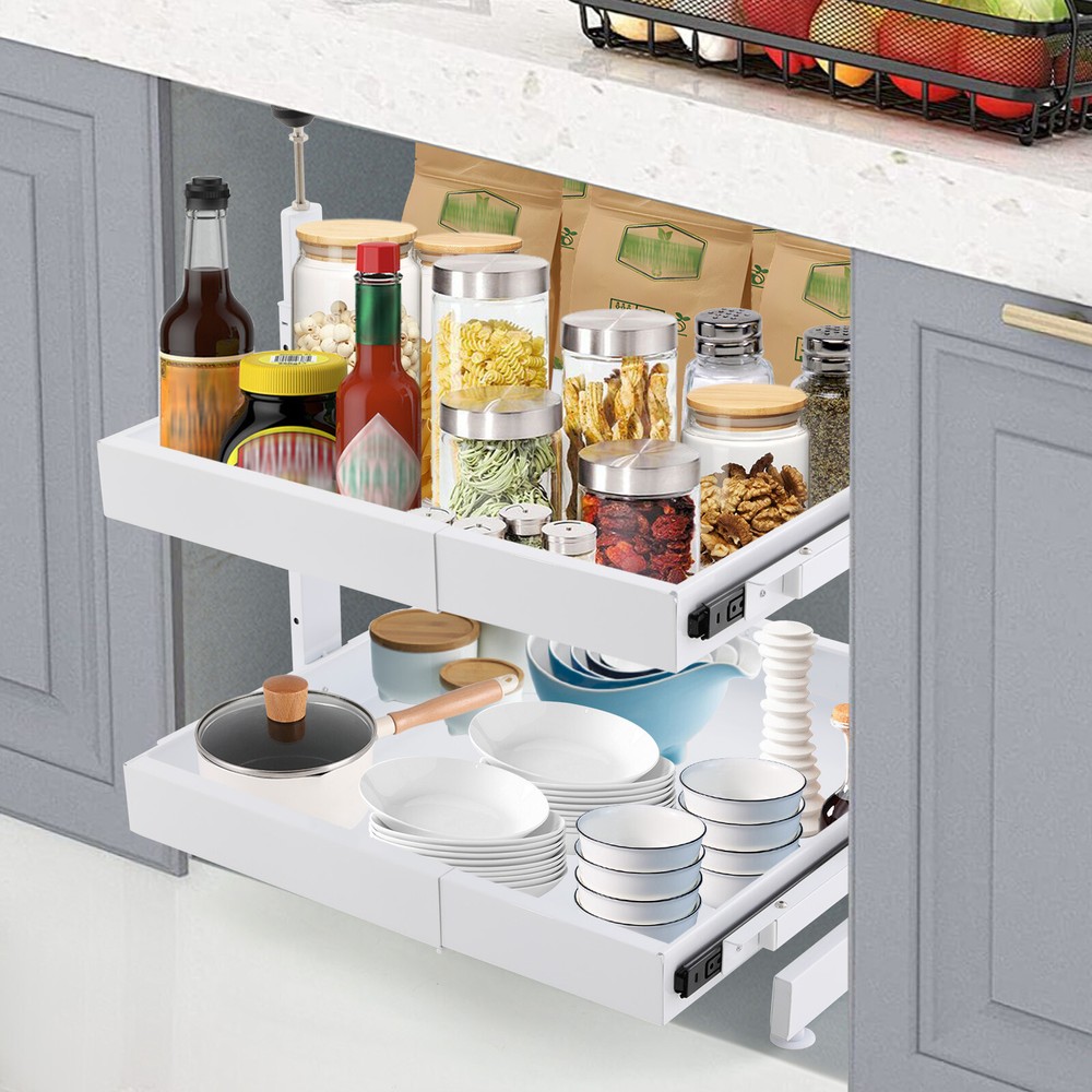 2-Tier Expandable Pull-out Cabinet Slide Out Organizer Drawers for Cabinet White