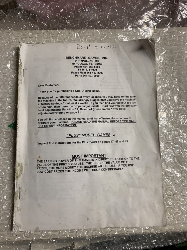 Missing front cover DRILL O MATIC BENCHMARK ARCADE GAME owners manual