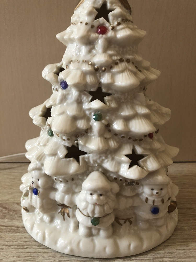 White Ceramic Christmas Tree Night Light Lamp W/reflecting Stars