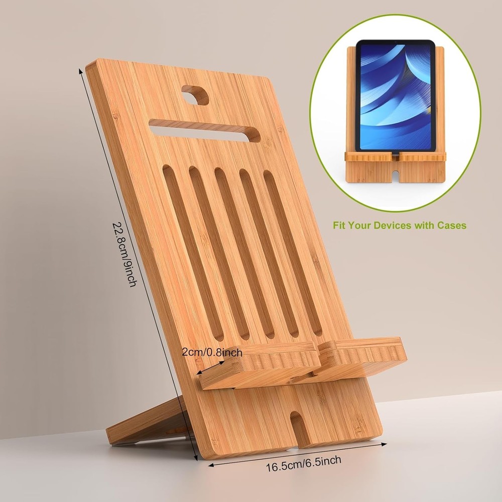Multi-Angle Bamboo Tablet Holder for Smartphones & Tablets - Adjustable Size