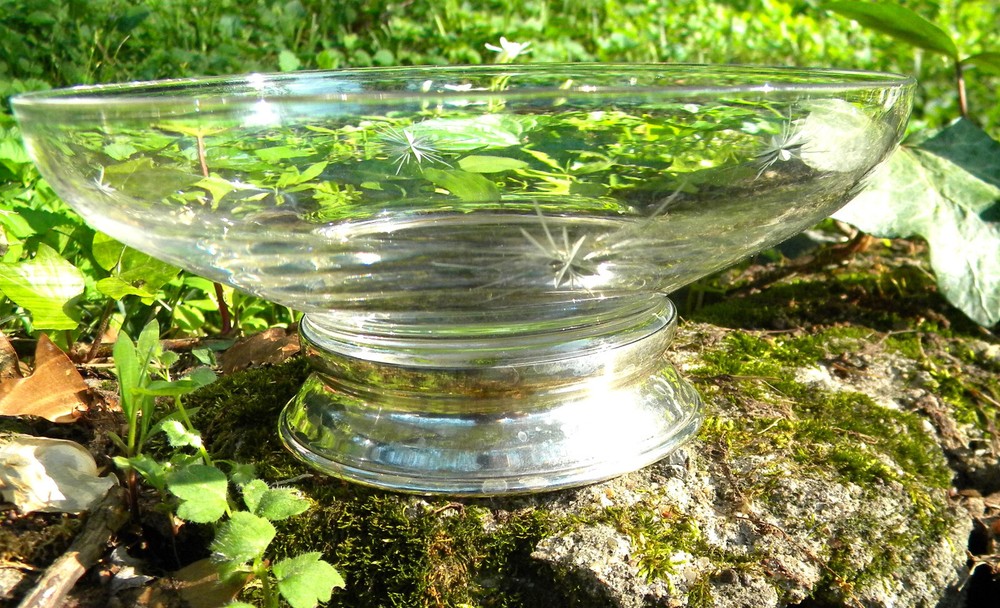 etched glass candy nut dishes with sterling bases