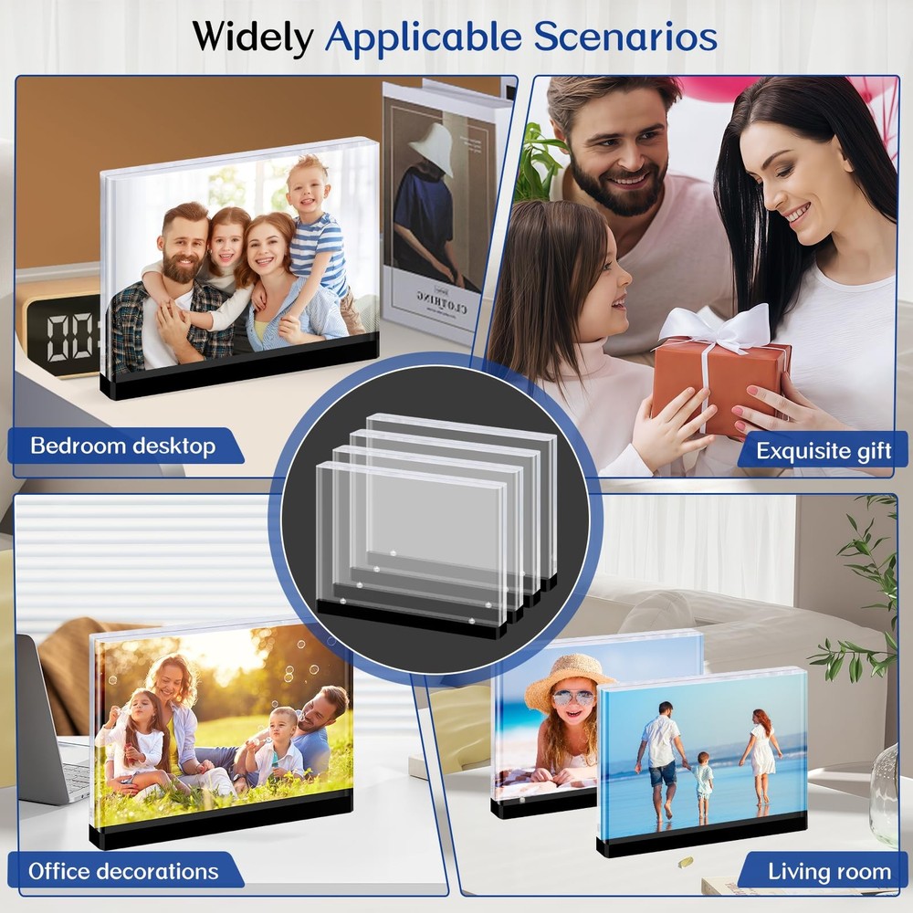 Magnetic Acrylic Picture Frames – Thick Double-Sided Clear Display, Black Bas...