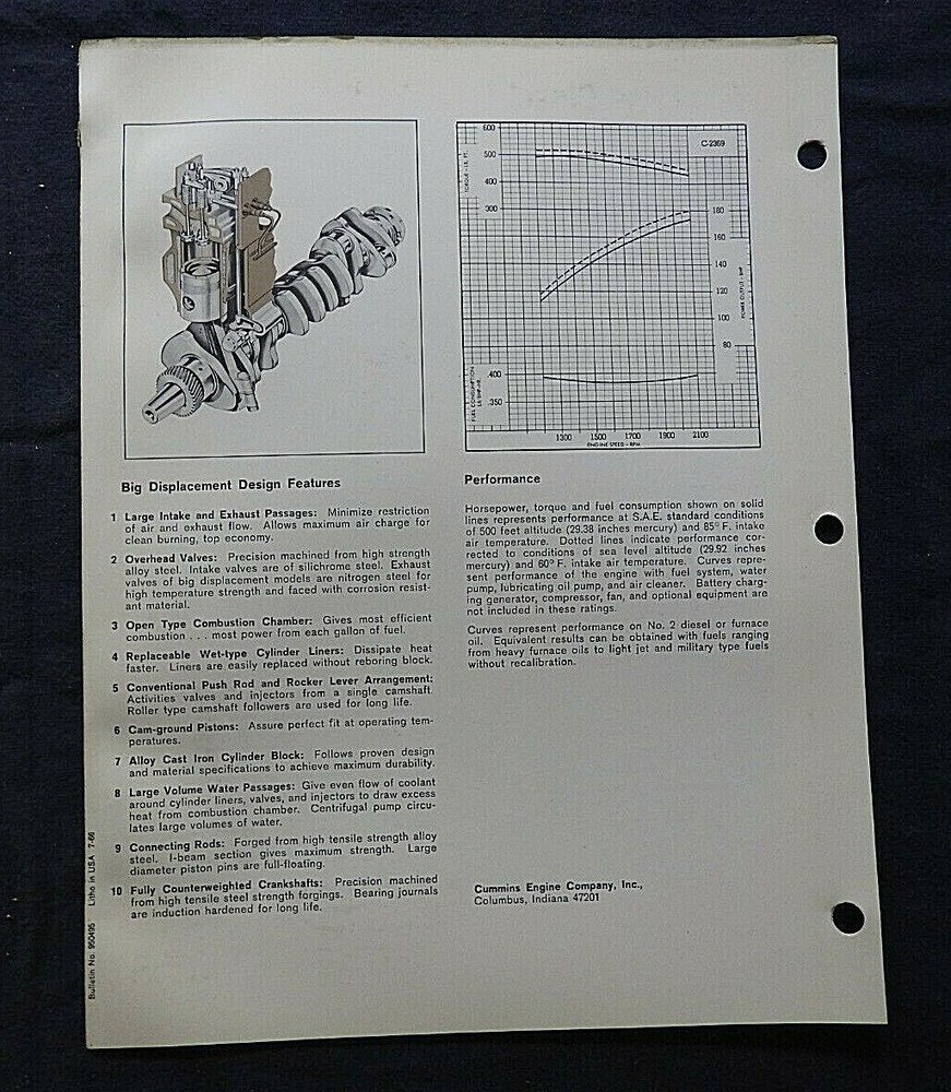 1966 GENUINE CUMMINS "NHD-180 DIESEL ENGINE" SPECIFICATION BROCHURE