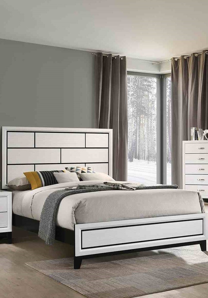 White Finish Eastern King Size 4pc Panel Bed Set Metal Handles Two Tone Design