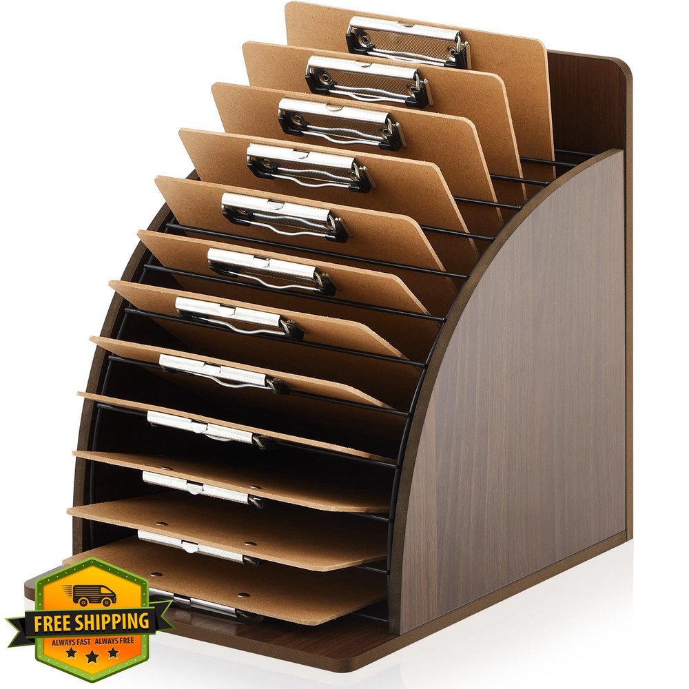 Walnut Clipboard Holder Storage Metal Rack Raised Side Panel