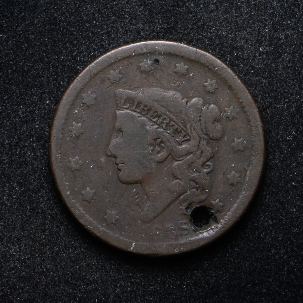 1838 Large Cent with old hole (bb19079)