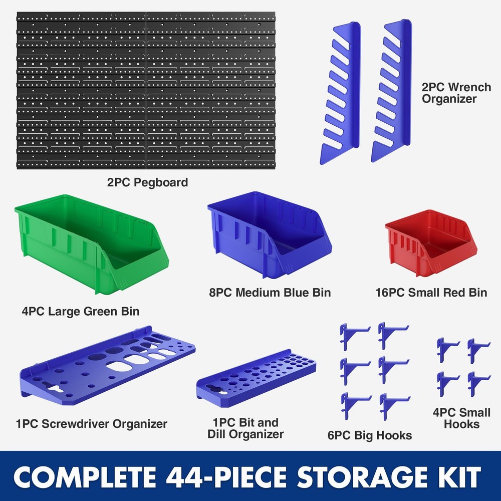 WORKPRO Pegboard Organizer Wall Mounted, 44PC Tool Storage Rack with Bins and...