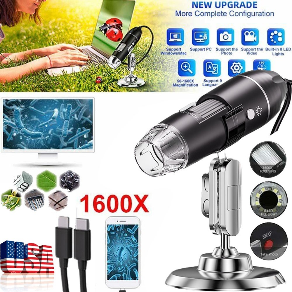 1600X Microscope 8 LED Camera Magnifier Tool USB Digital for Android Mac Widows