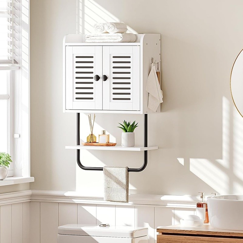 Wall Mounted Bathroom Storage Cabinet Adjustable Shelf Hooks Shutter Design New