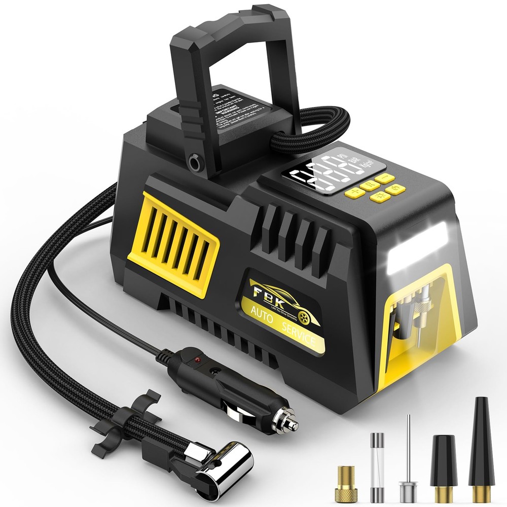 Digital Tire Inflator 12V Air Compressor with LED Light & Nozzle Adapters