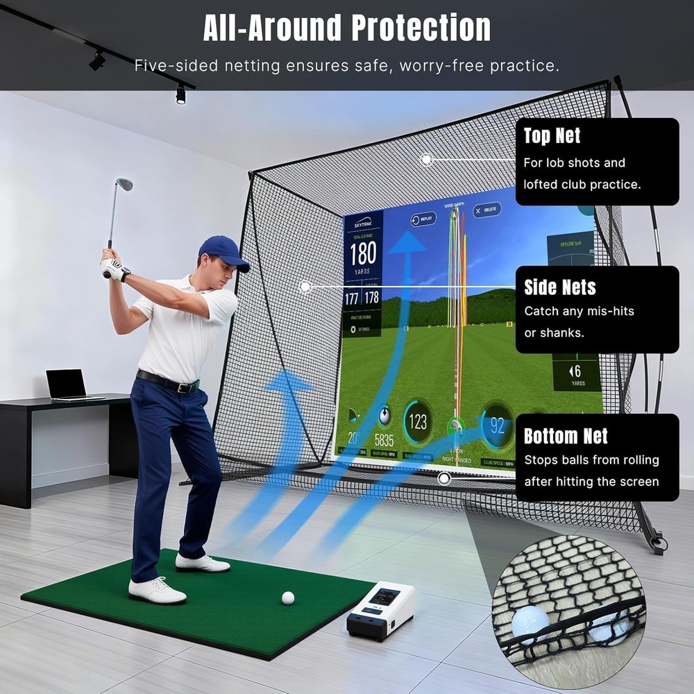 10 x 8 ft Golf Cage Practice Hitting Net with HD Simulator Screen - High-Impact