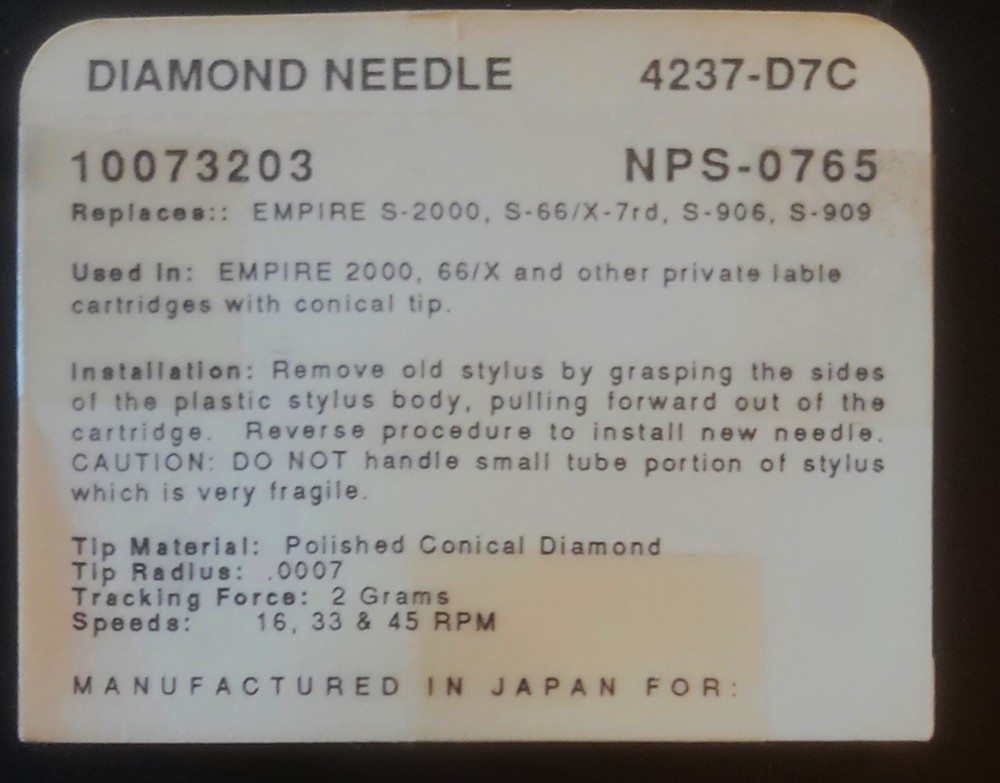 Generic replacement Stylus for Empire S-2000 -- New Old Stock