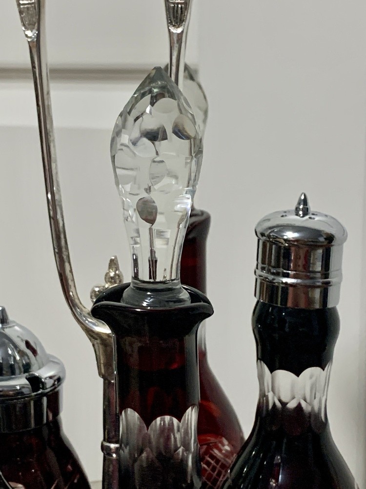 Ruby Cut-to-Clear Bottles Silver Plate Frame Stand/Holder Cruet Condiment Set